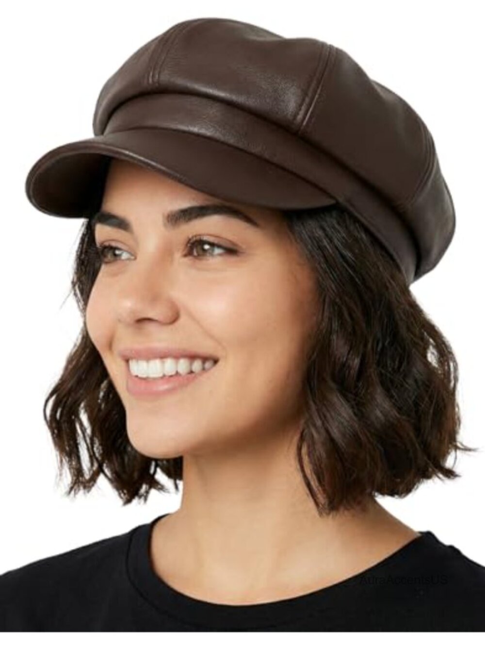 Faux Leather Newsboy Cabbie Cap Vintage Baker Boy Hat Adjustable